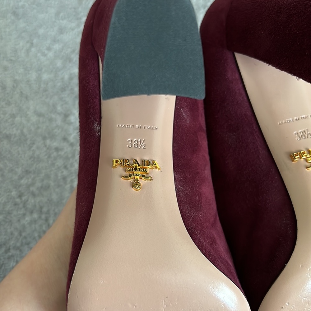 Prada Burgundy Suede Gold Button Heels - Picture 7 of 10
